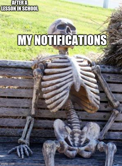 Waiting Skeleton Meme | AFTER A LESSON IN SCHOOL; MY NOTIFICATIONS | image tagged in memes,waiting skeleton | made w/ Imgflip meme maker