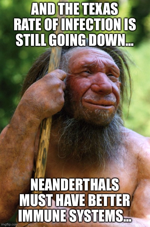 Neanderthal | AND THE TEXAS RATE OF INFECTION IS STILL GOING DOWN... NEANDERTHALS MUST HAVE BETTER IMMUNE SYSTEMS... | image tagged in neanderthal | made w/ Imgflip meme maker