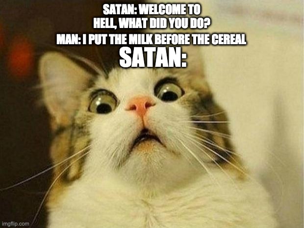 Put the cereal first | SATAN: WELCOME TO HELL, WHAT DID YOU DO? MAN: I PUT THE MILK BEFORE THE CEREAL; SATAN: | image tagged in memes,scared cat | made w/ Imgflip meme maker