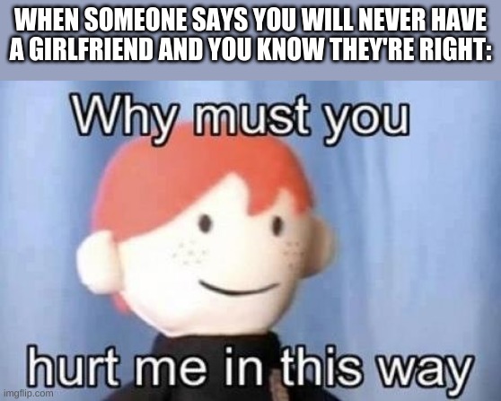? |  WHEN SOMEONE SAYS YOU WILL NEVER HAVE A GIRLFRIEND AND YOU KNOW THEY'RE RIGHT: | image tagged in why must you hurt me this way | made w/ Imgflip meme maker