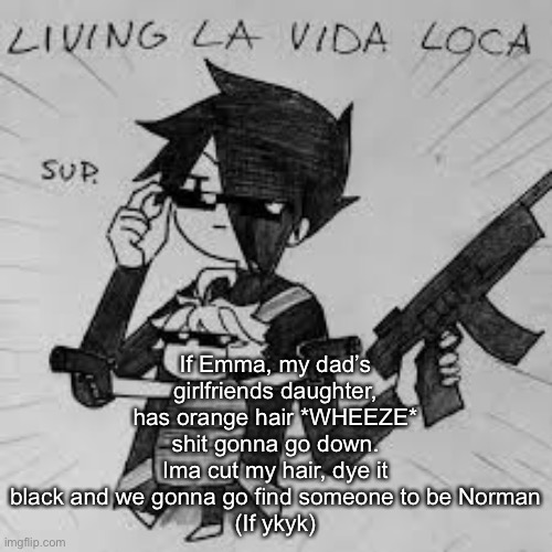 *wheezing* | If Emma, my dad’s girlfriends daughter, has orange hair *WHEEZE* shit gonna go down.
Ima cut my hair, dye it black and we gonna go find someone to be Norman
(If ykyk) | image tagged in ray and emma | made w/ Imgflip meme maker