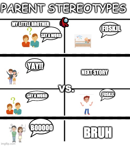 Parent Stereotypes | PARENT STEREOTYPES; MY LITTLE BROTHER; FDSKJL; SAY A WORD; YAY!! NEXT STORY; VS. SAY A WORD; FDSKJL; BOOOOO; BRUH | image tagged in blank white template,parents,stereotypes,bruh moment,bruh,bruhh | made w/ Imgflip meme maker