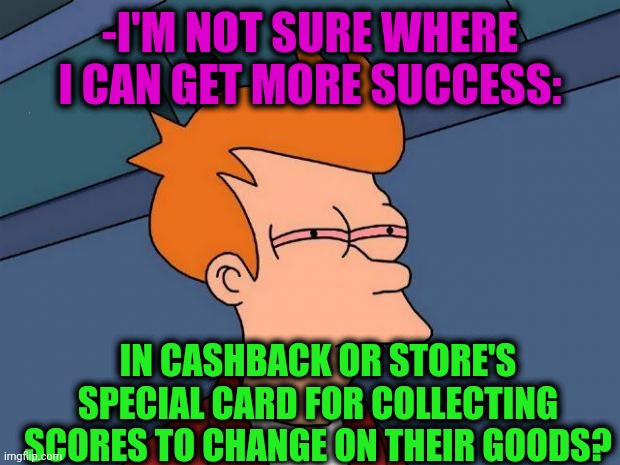 -Plz, hard to decide. | -I'M NOT SURE WHERE I CAN GET MORE SUCCESS:; IN CASHBACK OR STORE'S SPECIAL CARD FOR COLLECTING SCORES TO CHANGE ON THEIR GOODS? | image tagged in stoned fry,grocery store,plastic,cards,cash,tax returns | made w/ Imgflip meme maker