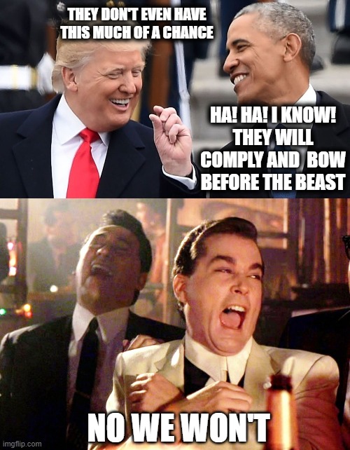 THEY DON'T EVEN HAVE THIS MUCH OF A CHANCE; HA! HA! I KNOW!
THEY WILL COMPLY AND  BOW BEFORE THE BEAST; NO WE WON'T | image tagged in trump and obama this close meme,nwo,laughing men in suits,memes,funny,we don't care | made w/ Imgflip meme maker