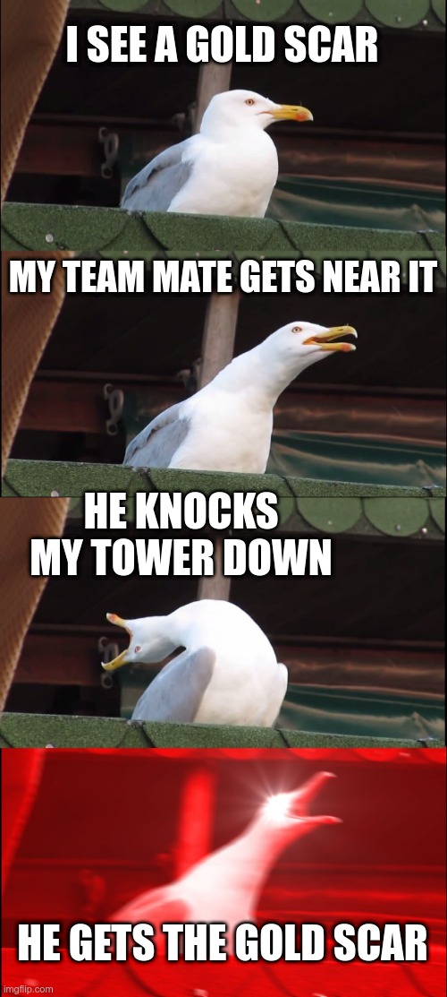 madness | I SEE A GOLD SCAR; MY TEAM MATE GETS NEAR IT; HE KNOCKS MY TOWER DOWN; HE GETS THE GOLD SCAR | image tagged in memes,inhaling seagull,nooooooooo | made w/ Imgflip meme maker