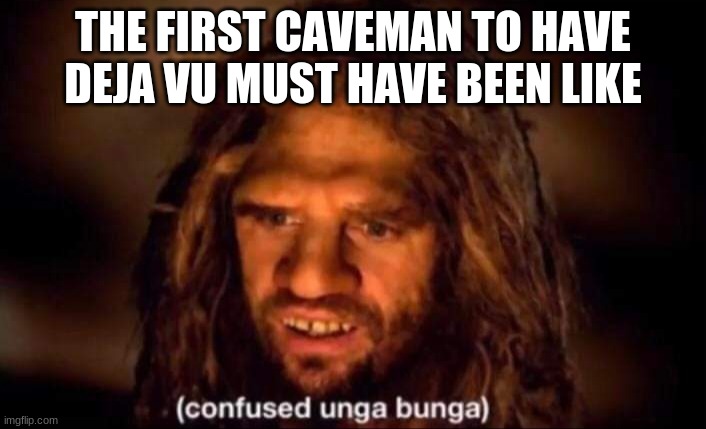 This probably isn't a good meme, but it's just a thought that came to me. | THE FIRST CAVEMAN TO HAVE DEJA VU MUST HAVE BEEN LIKE | image tagged in confused unga bunga,deja vu | made w/ Imgflip meme maker