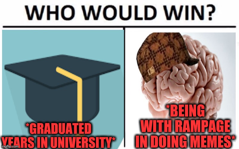 -Changing priority. | *BEING WITH RAMPAGE IN DOING MEMES*; *GRADUATED YEARS IN UNIVERSITY* | image tagged in university,scumbag brain,special education,so true memes,scumbag hat,self-worth | made w/ Imgflip meme maker