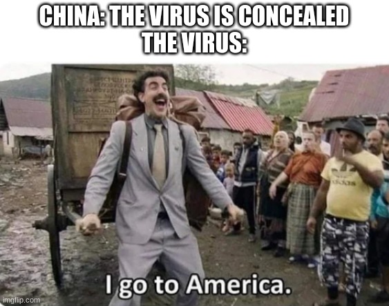 i go to america | CHINA: THE VIRUS IS CONCEALED
THE VIRUS: | image tagged in i go to america | made w/ Imgflip meme maker
