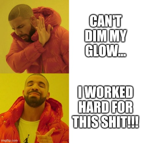 Drake Blank | CAN'T DIM MY GLOW... I WORKED HARD FOR THIS SHIT!!! | image tagged in drake blank | made w/ Imgflip meme maker