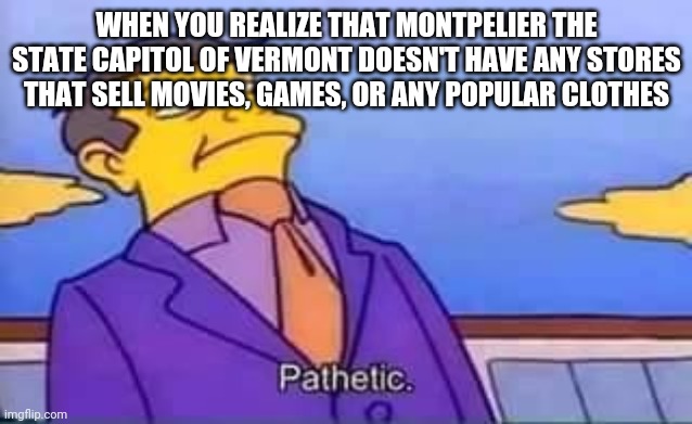 Why I hate Montpelier, Vermont | WHEN YOU REALIZE THAT MONTPELIER THE STATE CAPITOL OF VERMONT DOESN'T HAVE ANY STORES THAT SELL MOVIES, GAMES, OR ANY POPULAR CLOTHES | image tagged in skinner pathetic,politics,united states,business,consumerism | made w/ Imgflip meme maker