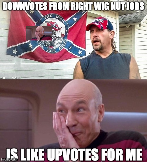 DOWNVOTES FROM RIGHT WIG NUT JOBS; IS LIKE UPVOTES FOR ME | image tagged in right wing dumbass,picard oops | made w/ Imgflip meme maker