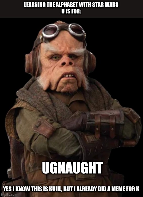 Learning the alphabet with Star Wars | LEARNING THE ALPHABET WITH STAR WARS
U IS FOR:; UGNAUGHT; YES I KNOW THIS IS KUIIL, BUT I ALREADY DID A MEME FOR K | made w/ Imgflip meme maker