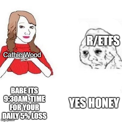 honey it's time to x | R/ETFS; Cathie Wood; YES HONEY; BABE ITS 9:30AM, TIME FOR YOUR DAILY 5% LOSS | image tagged in honey it's time to x,ETFs | made w/ Imgflip meme maker