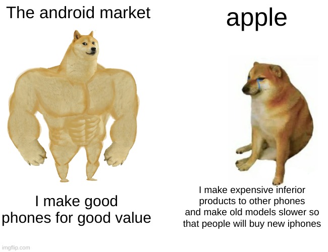 Its true. | The android market; apple; I make expensive inferior products to other phones and make old models slower so that people will buy new iphones; I make good phones for good value | image tagged in memes,apple sucks,samsung better,huawei better,xiaomi better,ios vs android | made w/ Imgflip meme maker