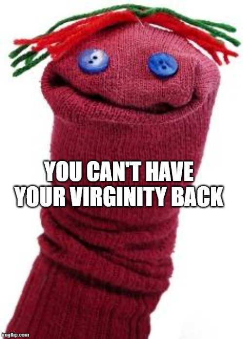 sock puppet | YOU CAN'T HAVE YOUR VIRGINITY BACK | image tagged in sock puppet | made w/ Imgflip meme maker