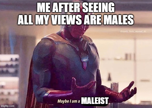 100% boy viewers and all ages 13-17 | ME AFTER SEEING ALL MY VIEWS ARE MALES; MALEIST | image tagged in maybe i am a monster blank,boy | made w/ Imgflip meme maker