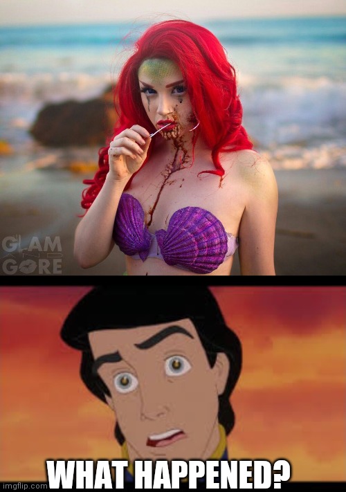 ARIEL MUST HAVE JUST ATE SEBASTIAN. | WHAT HAPPENED? | image tagged in the little mermaid,ariel,cosplay | made w/ Imgflip meme maker