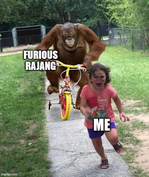 monster hunter | FURIOUS RAJANG; ME | image tagged in orangutan chasing girl on a tricycle | made w/ Imgflip meme maker