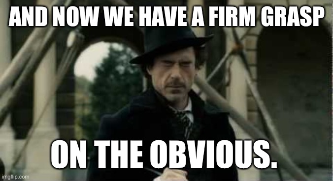 Firm grasp of the obvious | AND NOW WE HAVE A FIRM GRASP; ON THE OBVIOUS. | image tagged in obvious,sherlock holmes | made w/ Imgflip meme maker