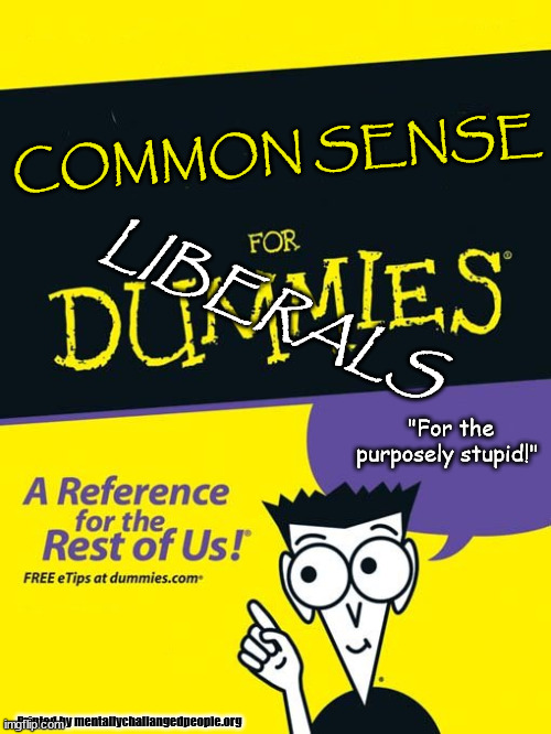 For dummies book | COMMON SENSE; LIBERALS; "For the purposely stupid!"; Printed by mentallychallangedpeople.org | image tagged in for dummies book,liberals,stupid liberals,covid19,masks,vaccine | made w/ Imgflip meme maker