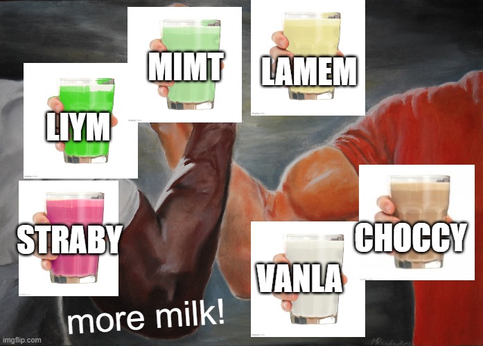 MORE MILK | MIMT; LAMEM; LIYM; CHOCCY; STRABY; VANLA; more milk! | image tagged in memes,epic handshake | made w/ Imgflip meme maker