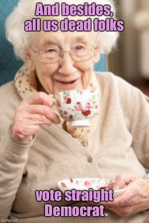 Old lady drinking tea | And besides, all us dead folks vote straight Democrat | image tagged in old lady drinking tea | made w/ Imgflip meme maker