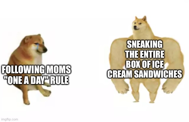 Moms Sweets rules | SNEAKING THE ENTIRE BOX OF ICE CREAM SANDWICHES; FOLLOWING MOMS "ONE A DAY" RULE | image tagged in buff doge vs cheems reverse,ice cream sandwiches,moms rules | made w/ Imgflip meme maker