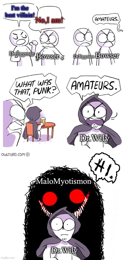This is the ultimate reason why MaloMyotismon is the best villain | I'm the best villain! No,I am! Dr.Eggman; Bowser; Bowser; Dr.Eggman; Dr.Wily; MaloMyotismon; Dr.Wily | image tagged in amateurs extended | made w/ Imgflip meme maker