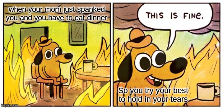 This Is Fine Meme | when your mom just spanked you and you have to eat dinner; So you try your best to hold in your tears | image tagged in memes,this is fine | made w/ Imgflip meme maker