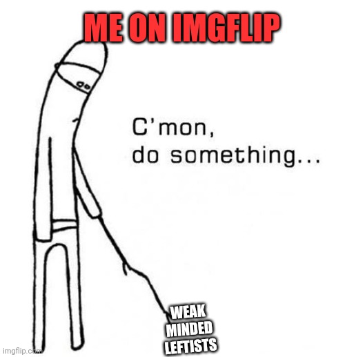 When people won't engage you in politics because they know they will lose. | ME ON IMGFLIP; WEAK MINDED LEFTISTS | image tagged in cmon do something,leftists,suck,imgflip,chicken,shits | made w/ Imgflip meme maker