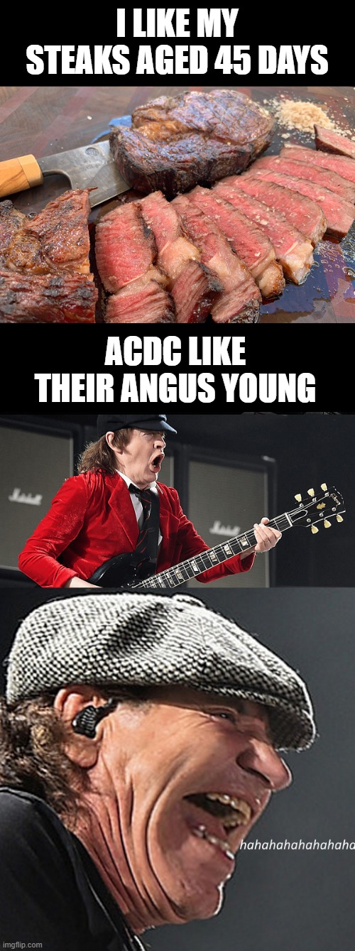 For those about to rawk | I LIKE MY STEAKS AGED 45 DAYS; ACDC LIKE THEIR ANGUS YOUNG | image tagged in acdc,steak,bad pun,puns,angus young | made w/ Imgflip meme maker
