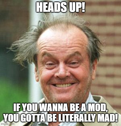 Any sort of mental illnesses can be mods! | HEADS UP! IF YOU WANNA BE A MOD, YOU GOTTA BE LITERALLY MAD! | image tagged in jack nicholson crazy hair,rules,crazy,mad,mad pride | made w/ Imgflip meme maker