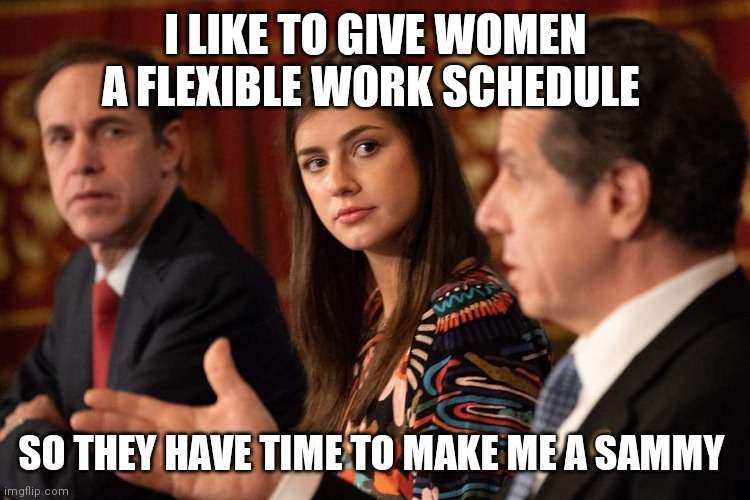 I LIKE TO GIVE WOMEN A FLEXIBLE WORK SCHEDULE; SO THEY HAVE TIME TO MAKE ME A SAMMY | made w/ Imgflip meme maker