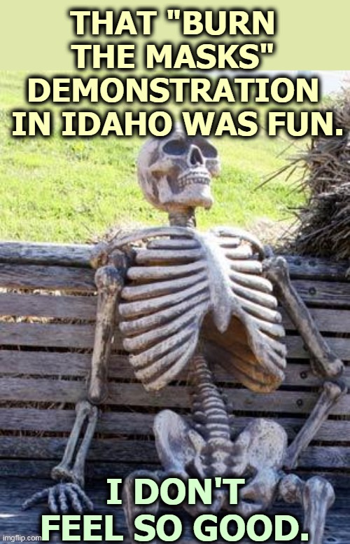 Idiots. | THAT "BURN 
THE MASKS" 
DEMONSTRATION 
IN IDAHO WAS FUN. I DON'T FEEL SO GOOD. | image tagged in memes,waiting skeleton,anti,mask,idiots,dead | made w/ Imgflip meme maker