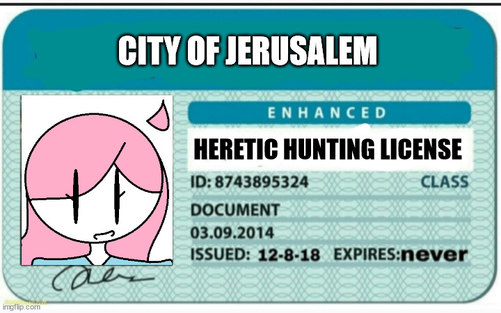 TIME TO CRUSADE!! | CITY OF JERUSALEM; HERETIC HUNTING LICENSE | image tagged in blank hunting license | made w/ Imgflip meme maker
