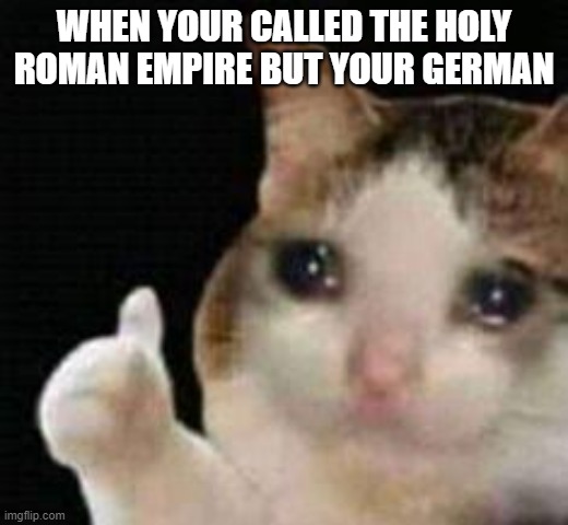 HRE: The First Reich | WHEN YOUR CALLED THE HOLY ROMAN EMPIRE BUT YOUR GERMAN | image tagged in approved crying cat,germany | made w/ Imgflip meme maker