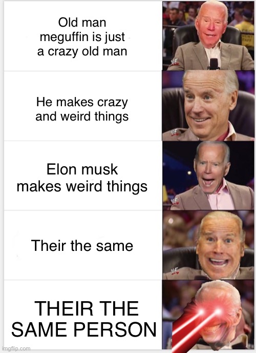 Gravity falls elon musk | Old man meguffin is just a crazy old man; He makes crazy and weird things; Elon musk makes weird things; Their the same; THEIR THE SAME PERSON | image tagged in expanding biden | made w/ Imgflip meme maker
