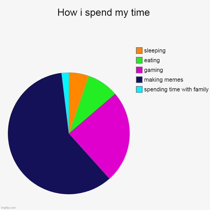 How i spend my time | spending time with family, making memes, gaming, eating, sleeping | image tagged in charts,pie charts | made w/ Imgflip chart maker
