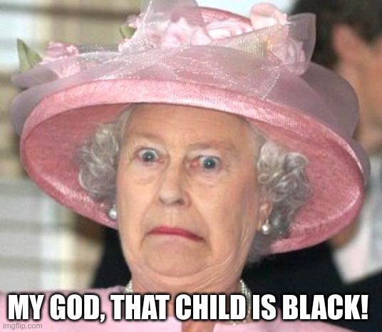 Is this Racist? | MY GOD, THAT CHILD IS BLACK! | image tagged in the queen elizabeth ii,not my queen,royalty sucks | made w/ Imgflip meme maker