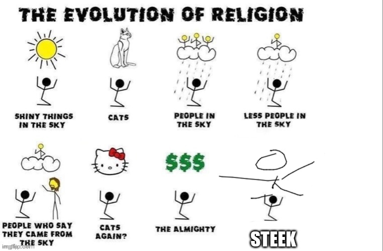 Steekman | STEEK | image tagged in the evolution of religion | made w/ Imgflip meme maker