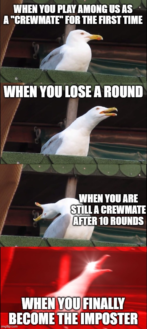 Inhaling Seagull | WHEN YOU PLAY AMONG US AS A "CREWMATE" FOR THE FIRST TIME; WHEN YOU LOSE A ROUND; WHEN YOU ARE STILL A CREWMATE AFTER 10 ROUNDS; WHEN YOU FINALLY BECOME THE IMPOSTER | image tagged in memes,inhaling seagull | made w/ Imgflip meme maker