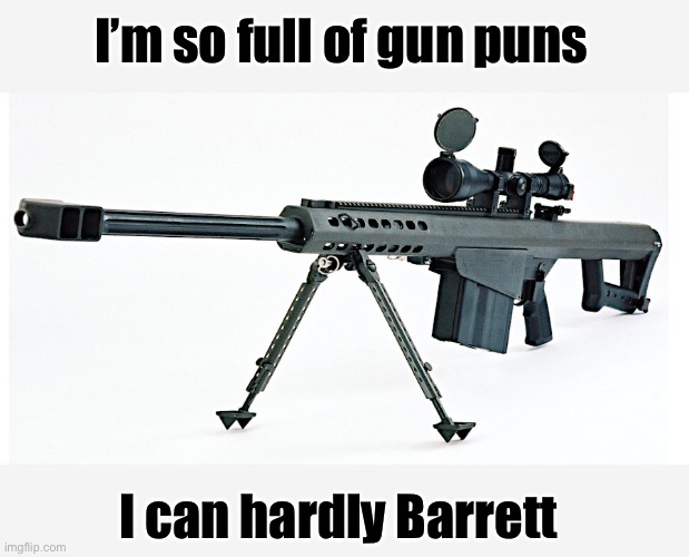 I’m so full of gun puns; I can hardly Barrett | image tagged in puns,guns | made w/ Imgflip meme maker