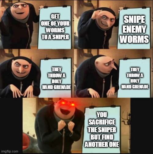 5 panel gru meme | GET ONE OF YOUR WORMS TO A SNIPER; SNIPE ENEMY WORMS; THEY THROW A HOLY HAND GRENADE; THEY THROW A HOLY HAND GRENADE; YOU SACRIFICE THE SNIPER BUT FIND ANOTHER ONE | image tagged in 5 panel gru meme | made w/ Imgflip meme maker