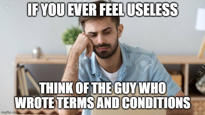 IF YOU EVER FEEL USELESS; THINK OF THE GUY WHO WROTE TERMS AND CONDITIONS | image tagged in useless,terms and conditions | made w/ Imgflip meme maker