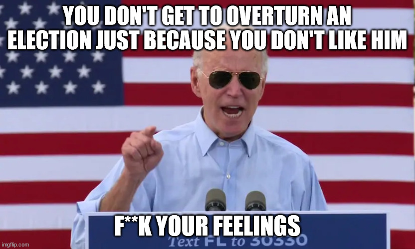 Can't Overturn An Election | YOU DON'T GET TO OVERTURN AN ELECTION JUST BECAUSE YOU DON'T LIKE HIM; F**K YOUR FEELINGS | image tagged in president biden,republicans,democrats,trumptards,conservatives | made w/ Imgflip meme maker