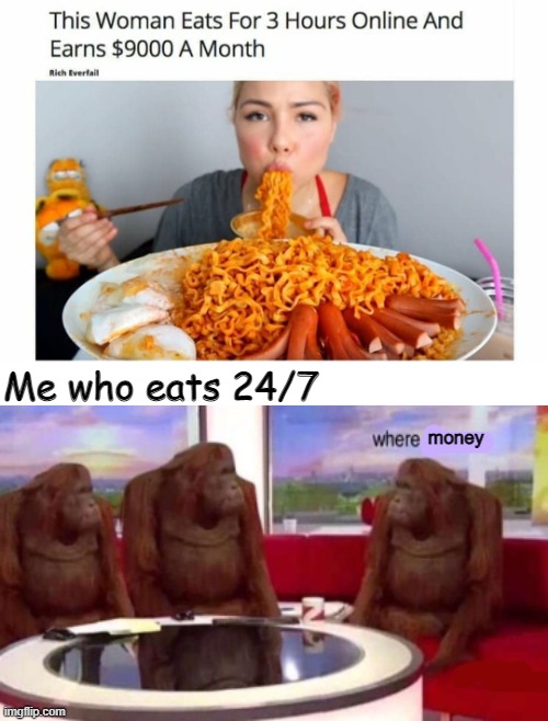 Where my money? | Me who eats 24/7; money | made w/ Imgflip meme maker