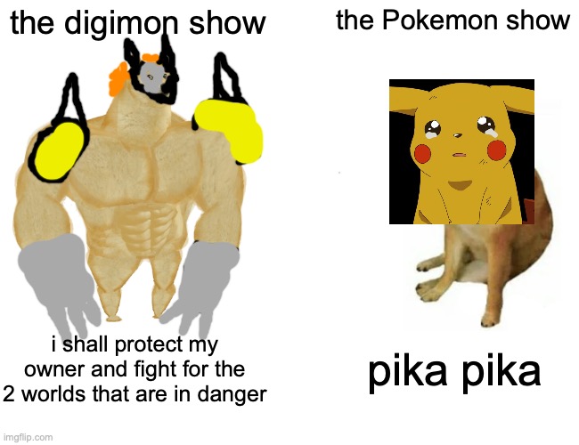 Buff Doge vs. Cheems Meme | the digimon show; the Pokemon show; i shall protect my owner and fight for the 2 worlds that are in danger; pika pika | image tagged in memes,buff doge vs cheems | made w/ Imgflip meme maker