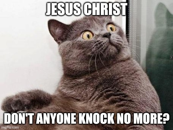 Surprised cat | JESUS CHRIST; DON'T ANYONE KNOCK NO MORE? | image tagged in surprised cat | made w/ Imgflip meme maker