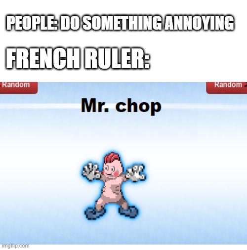 Head go chop chop | PEOPLE: DO SOMETHING ANNOYING; FRENCH RULER: | image tagged in blank white template | made w/ Imgflip meme maker