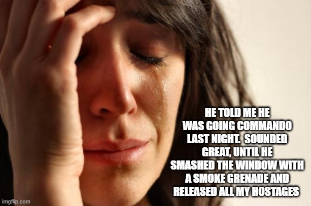 First World Problems | HE TOLD ME HE WAS GOING COMMANDO LAST NIGHT.  SOUNDED GREAT, UNTIL HE SMASHED THE WINDOW WITH A SMOKE GRENADE AND RELEASED ALL MY HOSTAGES | image tagged in memes,first world problems | made w/ Imgflip meme maker